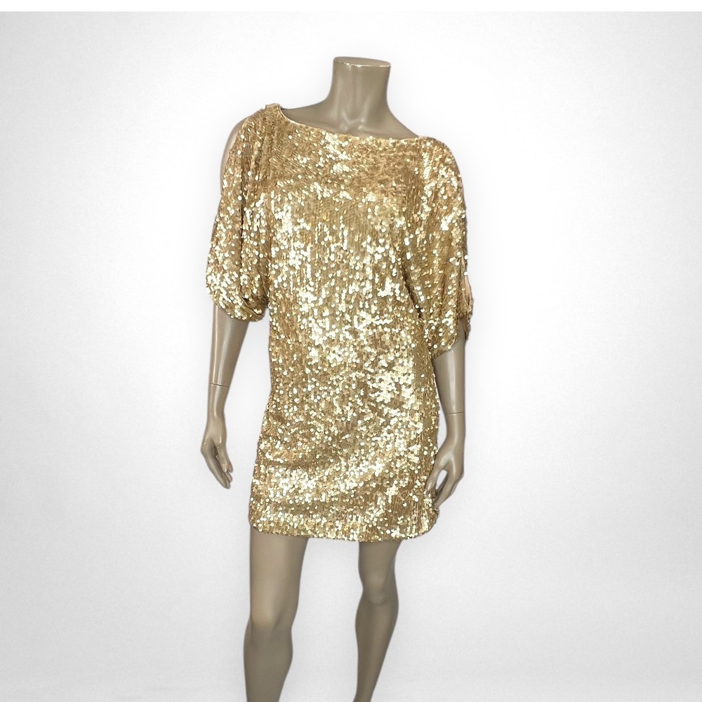 AQUA Gold Sequin Mini Dress Party Cocktail Sparkly Short Sleeve 8